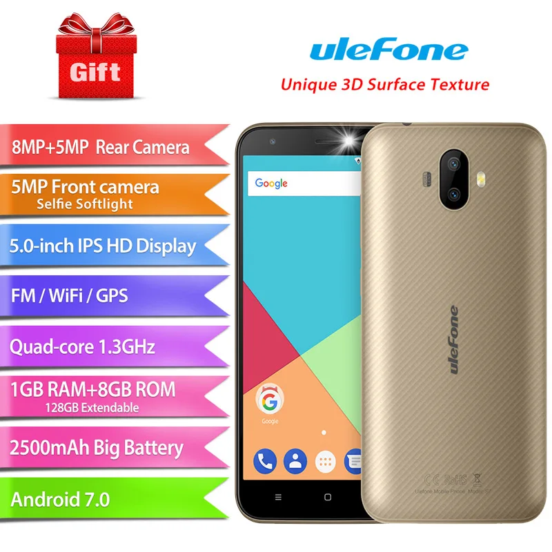 Ulefone S7 3G Smartphone 5 Inch Dual Back Camera Touch Celualr Android 7.0 Quad Core 1GB RAM 8GB ROM 8MP 2500mAh Mobile Phone