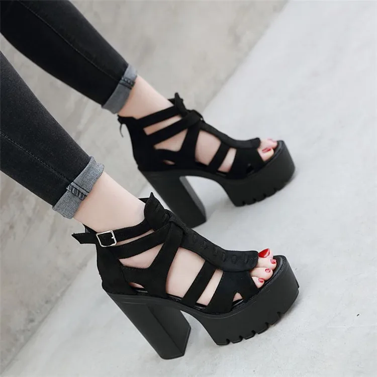 Punk Gothic Mens Leather Open Toe High Top Hollow Roman Gladiator Sandals Shoes
