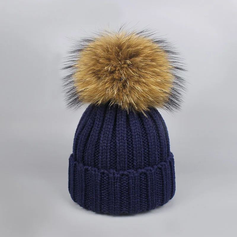 Hat Navy Г. Шапка с помпоном для девочек, теплые вязаные с помпоном из меха, шапка с помпоном и шарф, комплект, детская зимняя шапка с помпоном из натурального меха енота, Skullies - Цвет: Hat Navy
