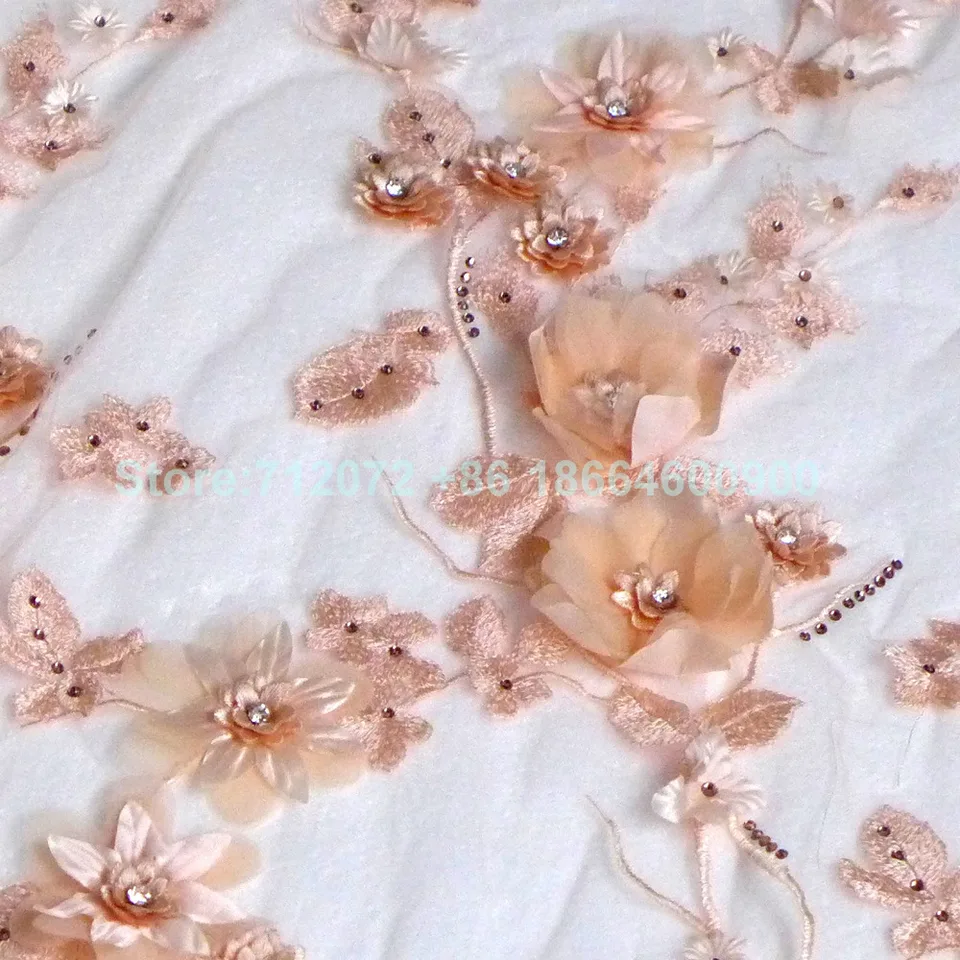 New off white Nudeyellow Hot fashion rhinestone 3D flowers on netting embroidered wedding evinging dress lace fabric