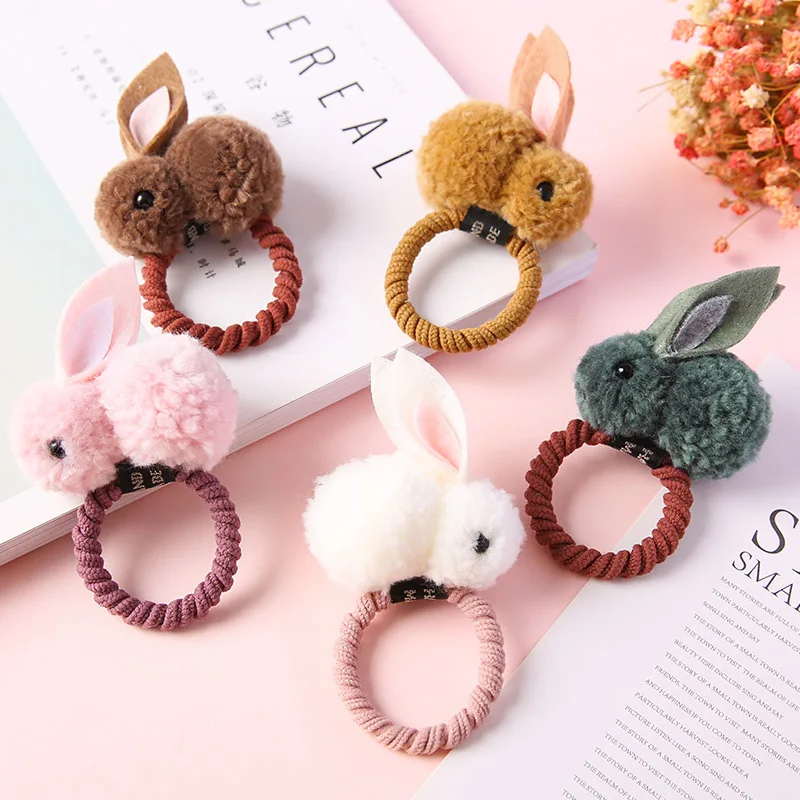 

6CM Rabbit Little Girls Pompom Hair Ties & Hairpins Kids Rubber Lovely Ponytail Hair Ropes Animals Elastic Hair Band Accessories