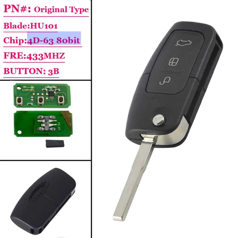 

(1pcs)3 Button 433 MHz Remote Key Fob For Ford Focus Fiesta C Max S Max Galaxy 4D63 Chip HU101 Blade