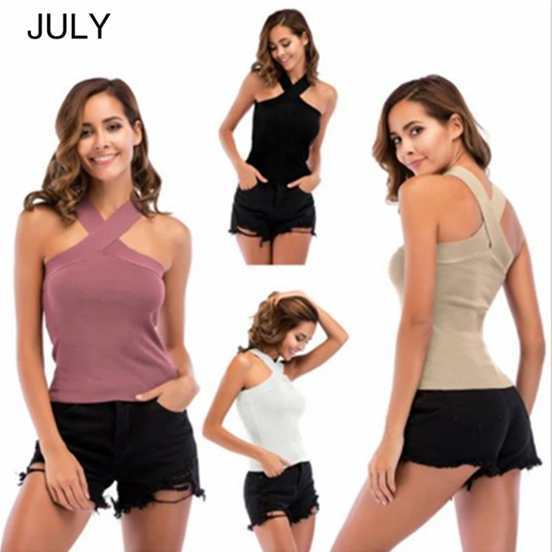 

JULY Women Summer 2019 cross hanging neck straps tube top sleeveless shirt women wra pped chest vest outside wear Solid color
