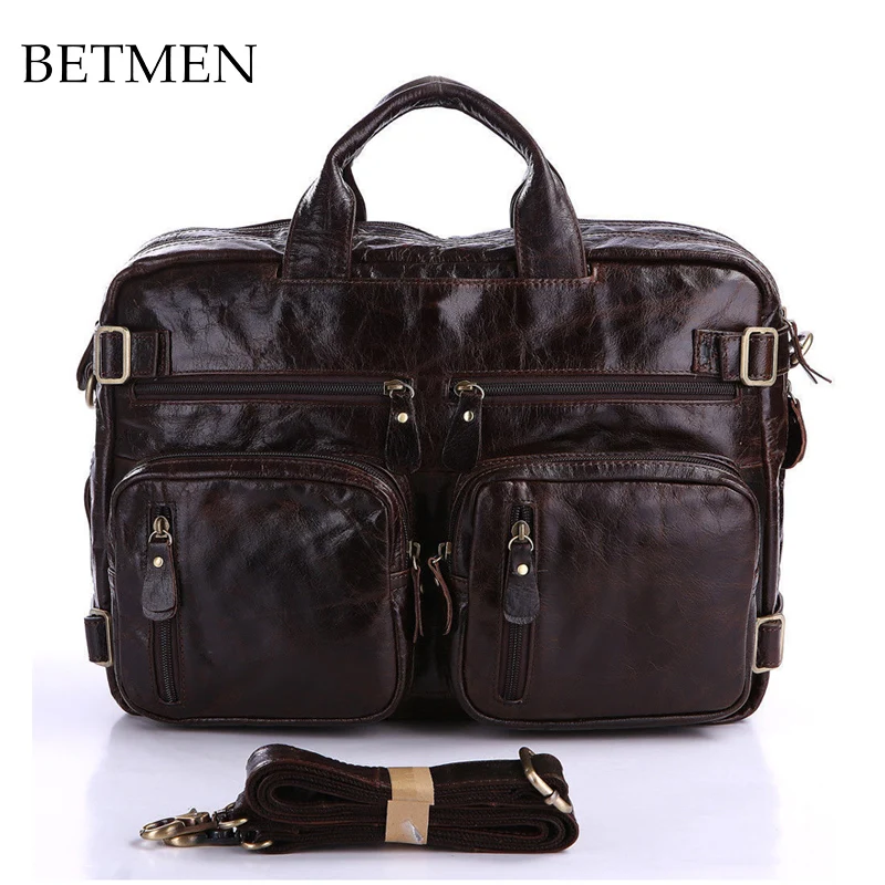 BETMEN Vintage Men Cowhide Genuine Leather Large capacity Brown 15 ...