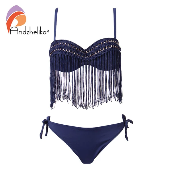 Andzhelika bikini женский купальник бикини с бахромой и пуш апп эффектом AK85081-1 - Цвет: Deep Blue