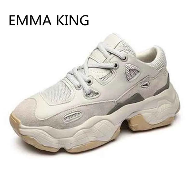 

2019 New Women Platform Sneakers Round Toe Lace Up Running Sports Daddy Shoes Woman Casual Flat Trainers Women's Vulcanize Shoes