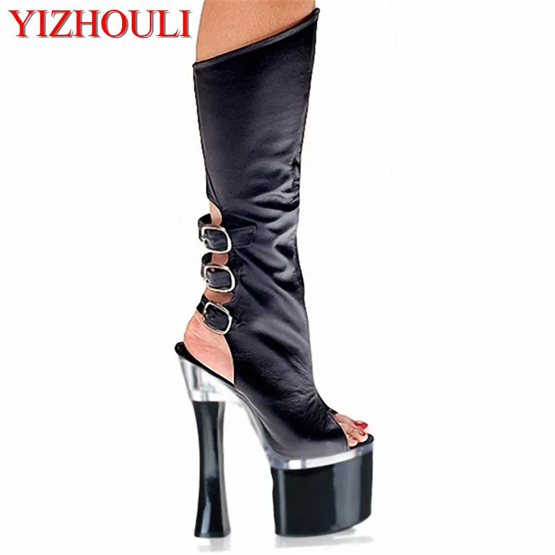 

18cm New arrival Classic high heels cool boots sexy open toe high-leg summer boots 7 inch women's boots leather Platforms shoes