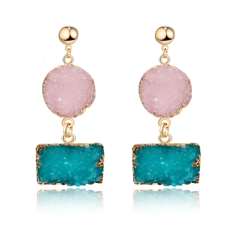 

Bohemia Handmade Pink Resin Stone Earings For Women Jewelry Square Geometric Drop Dangle Druzy Drusy Earing Long Earrings E110