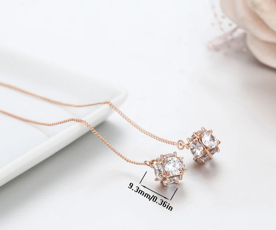 Полный Круглый AAA CZ Циркон мяч Link Rose Gold Цвет длинной цепочкой падение серьги нити
