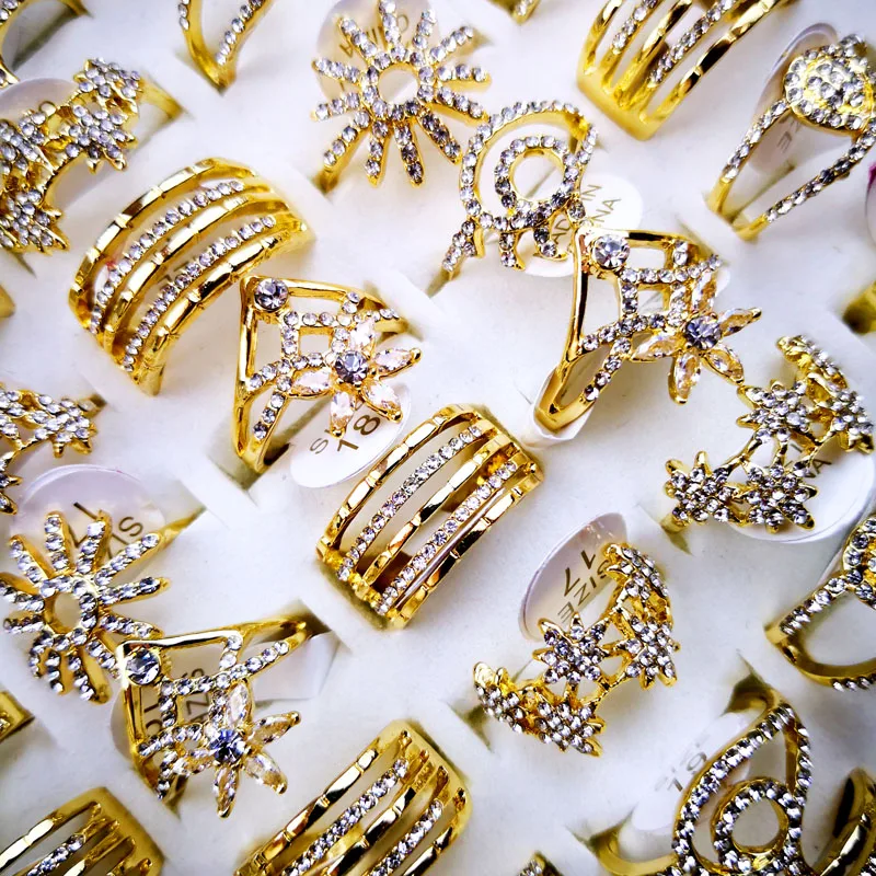 

50Pcs Hot Sale Women's Rings New Design Mixed Wholesale Styles Gold Zircon Rings Lots Female Jewelry Bulks Lot LR4165