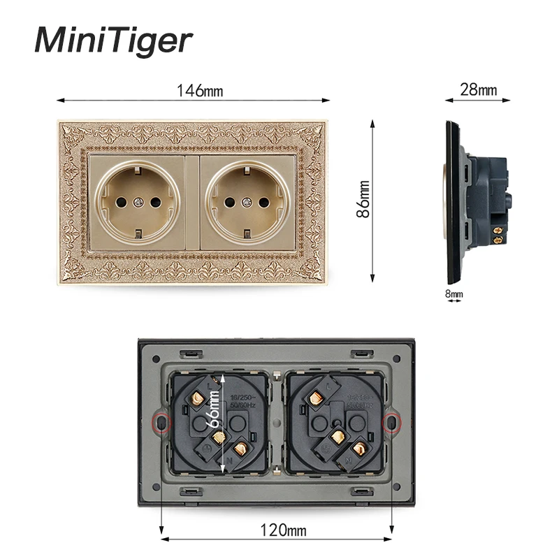 Minitiger 16А Россия Испания двойное гнездо питания стандарта ЕС 4D тиснение Ретро цинковый сплав металлическая панель электрическая розетка в стену 146