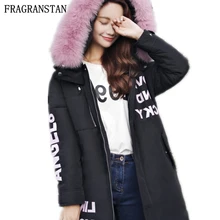 Зимние женские розовые куртки на утином пуху с большим лисьим меховым воротником черные женские утепленные длинные толстовки с буквенным принтом LY109