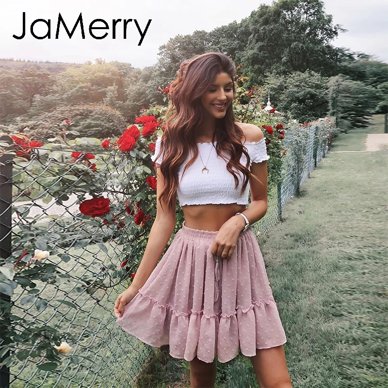 JaMerry, Boho, с принтом, мини, короткая, для женщин, юбка с высокой талией, в горошек, с кисточками, трапециевидная, летняя, праздничная, юбка, сексуальные, с оборками, пляжные юбки