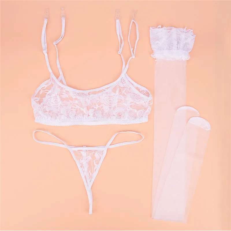 Sexy Women Suspenders Garter Belt+G String+Stockings Lingerie Set Erotic Floral Sheer Lace Garters Thigh High Erotic Lingerie 21