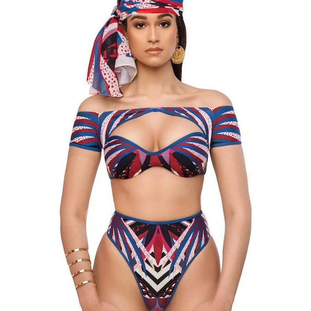 

2PCS Women Fashion Print Short Sleeve Crop Top Sexy High Waist Bikini Off Shoulder Set Swimwear Suit