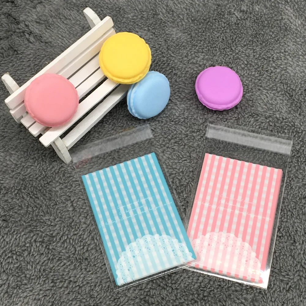 100pc 7x10cm Cookie Packaging Pink Blue Grid Self adhesive Clear