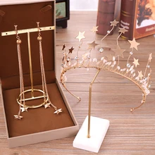 2 шт., золотые диадемы и короны ручной работы, стразы, королевские короны, серьги для свадьбы, аксессуары для волос, свадебные женские ювелирные изделия