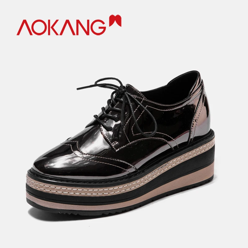 

AOKANG Women Sneakers 2019 Thick Sole Ladies Platform pumps Shoes woman wedges Oxford lace up Shoes Women pumps Casual Shoes