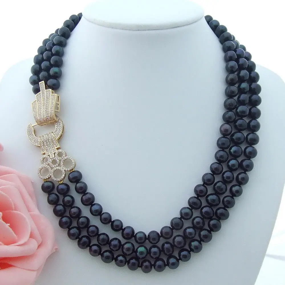 

AB072410 19" 8-9MM 3 Strands Black Pearl Necklace