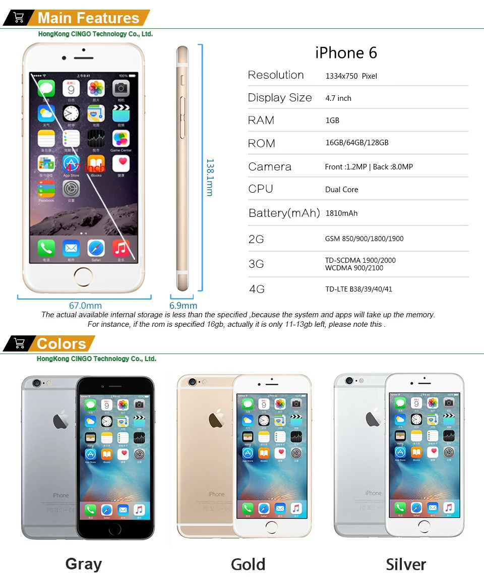 Разблокированный Apple iPhone 6 на базе IOS Dual Core 1,4 GHz, 1GB Оперативная память 16 Гб/64/128 ГБ Встроенная память 4,7 дюймов 8,0 МП Камера 3g WCDMA 4 аппарат не привязан к оператору сотовой связи для б/у мобильных телефонов