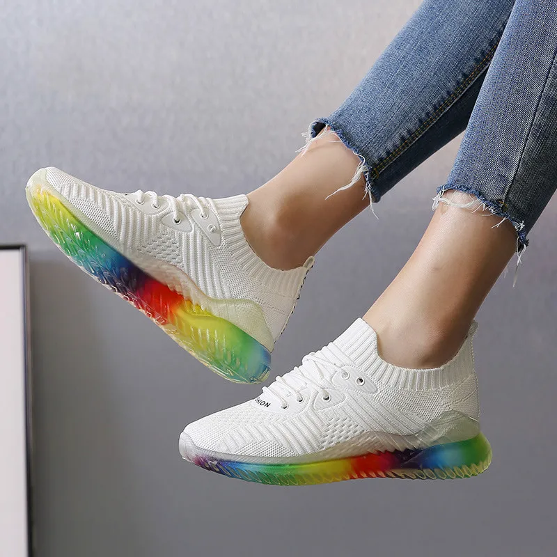 

Women Flats Sneakers 2019 Summer Lace Up Walking Flat Shoe Ladies Breathe Colorful Rainbow Sole Sport Outdoor Mesh Sneakers