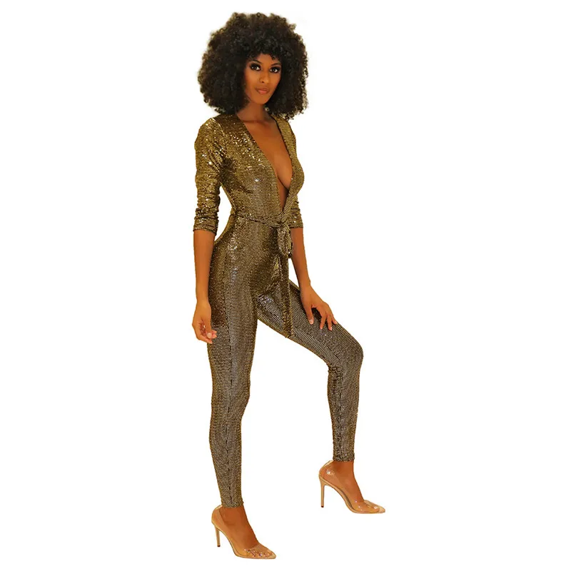 Echoine Sexy Jumpsuits Women Bandage Slim Long Sleeve V-Neck Bright Bronzing Fabric Night Club Long Pencil Pants Womens Rompers Echoine Sexy Jumpsuits Women Bandage Slim Long Sleeve V-Neck Bright Bronzing Fabric Night Club Long Pencil Pants Womens Rompers
