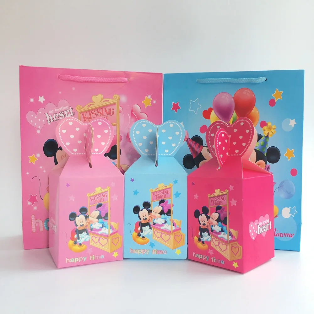 Минни Микки Маус вечерние принадлежности розовый/синий ребенок душ коробка конфет дети подарок на день рождения Подарочная сумка шоколадные коробочки для гостей
