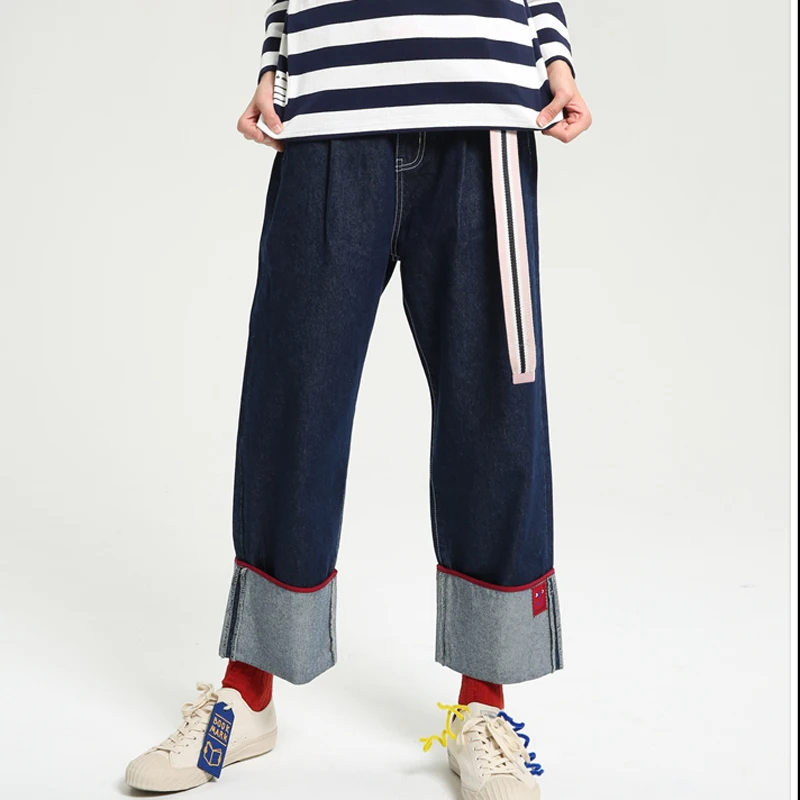

Harajuku Loose 2017 Spirng Autumn Fashion Women Solid Denim Trousers Navy Blue Ladies Wide Leg Pants Jeans Pants Female