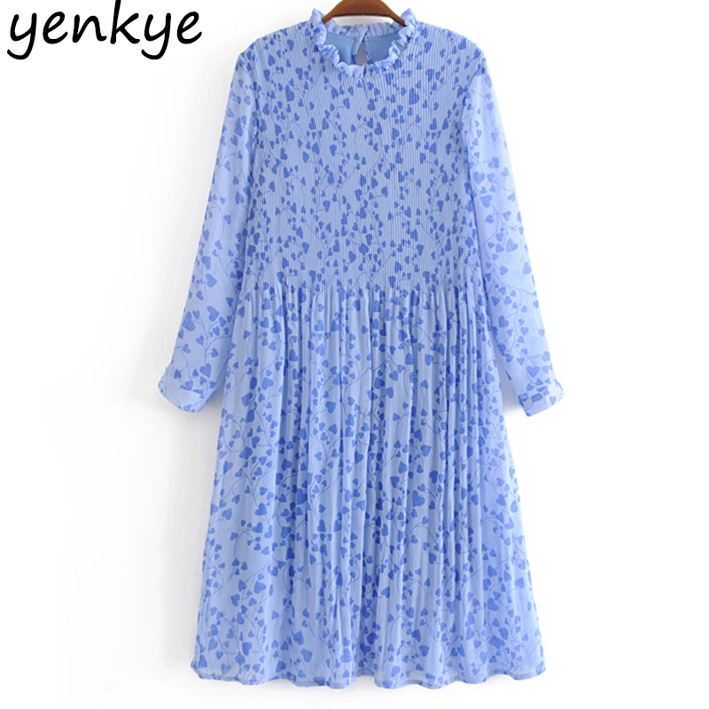 

2019 Women Sweet Heart Print Pleated Chiffon Dress Elegant Lady Long Sleeve Stand Collar Midi Summer Dress YPFSP8293