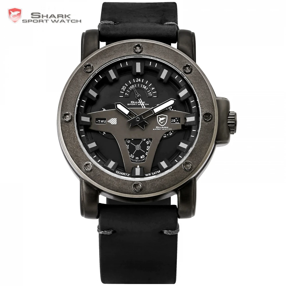 Greenland Shark 2 Series Sport Watch Creative Design Black Date Crazy Horse Leather Quartz Men Watches Masculino Relogio /SH452
