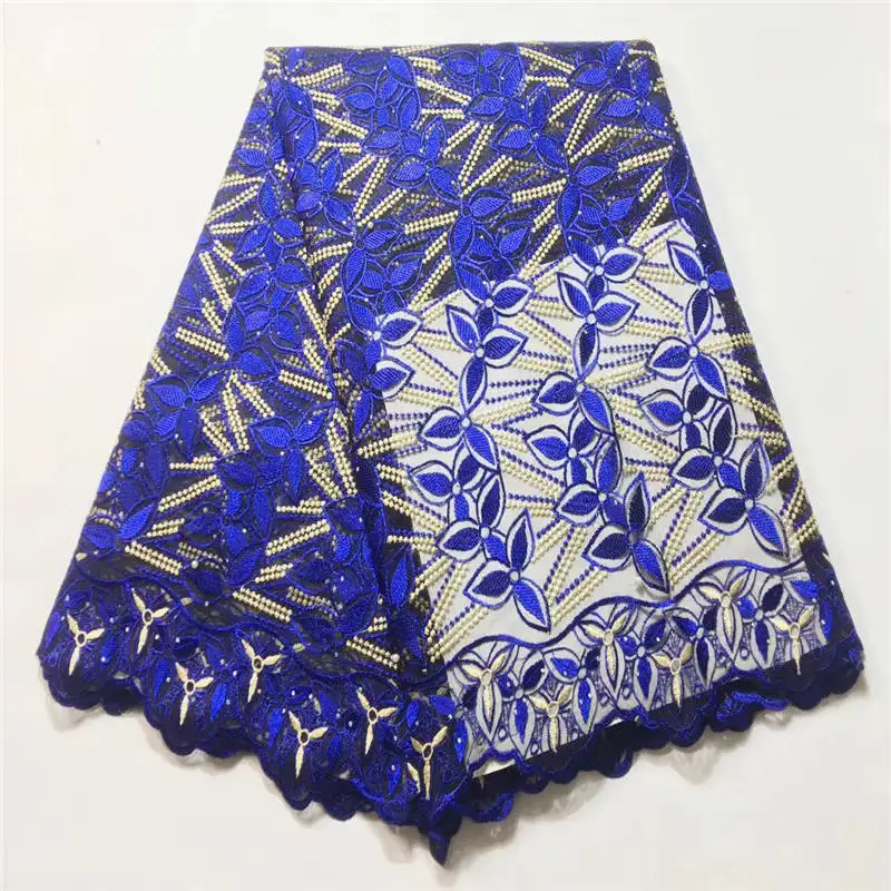

High Quality 2018 Lace Fabric Blue French Net 3D Flower and Beads Tulle Lace Fabric For Nigerian party Dress