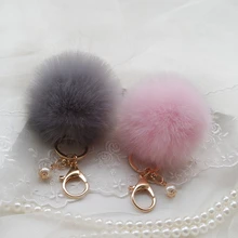 

New Fashion Fluffy Fur Ball Keychain Women Bag Pearl Key Chain Trinket Vintage Gold Silver Key Ring Holder Car Accessories Gift