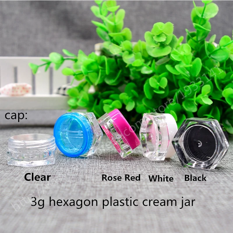

Free Shipping 50pcs/lot 3g empty hexagon Cream Jar, plastic Comsestic Sample Jars, small sample Bottle packaging Bottles