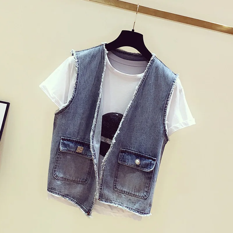 New Spring Summer Women Cowboy Vest Korean Loose Harajuku Sleeveless Denim Jacket Female Short Casual V-neck Button Waistcoat
