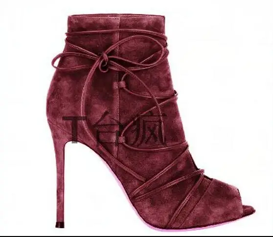 

New designer women suede high heel ankle boots lace-up peep toe women short boots wedding party dress shoes woman plus size