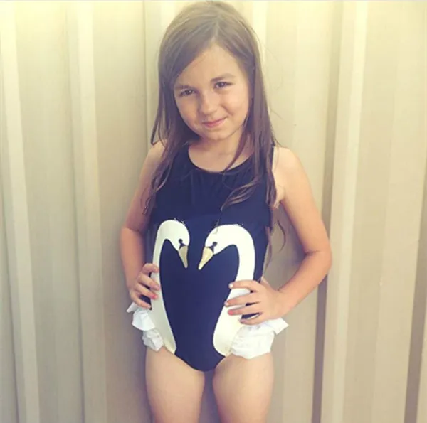 

Cute Kids One Piece Suits + Swim Cap Girls Swan Flamingo Print Ruffles Swimwear Bathing Suit Beach Wear 1-12 Years Old S75509