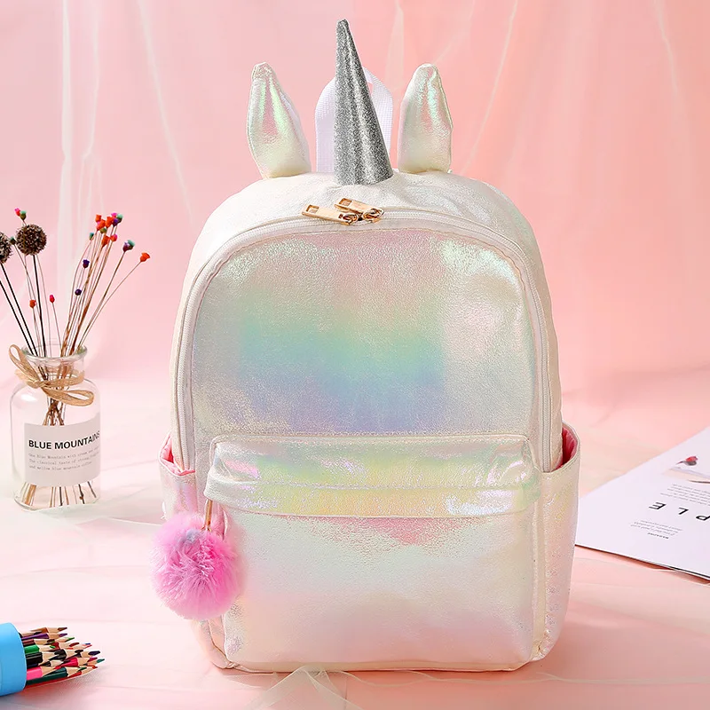 

Female Unicorn Holographic Backpack Women Soft Laser PU Leather Travel Backpacks Silver Hologram School Bags For Teenager Girls