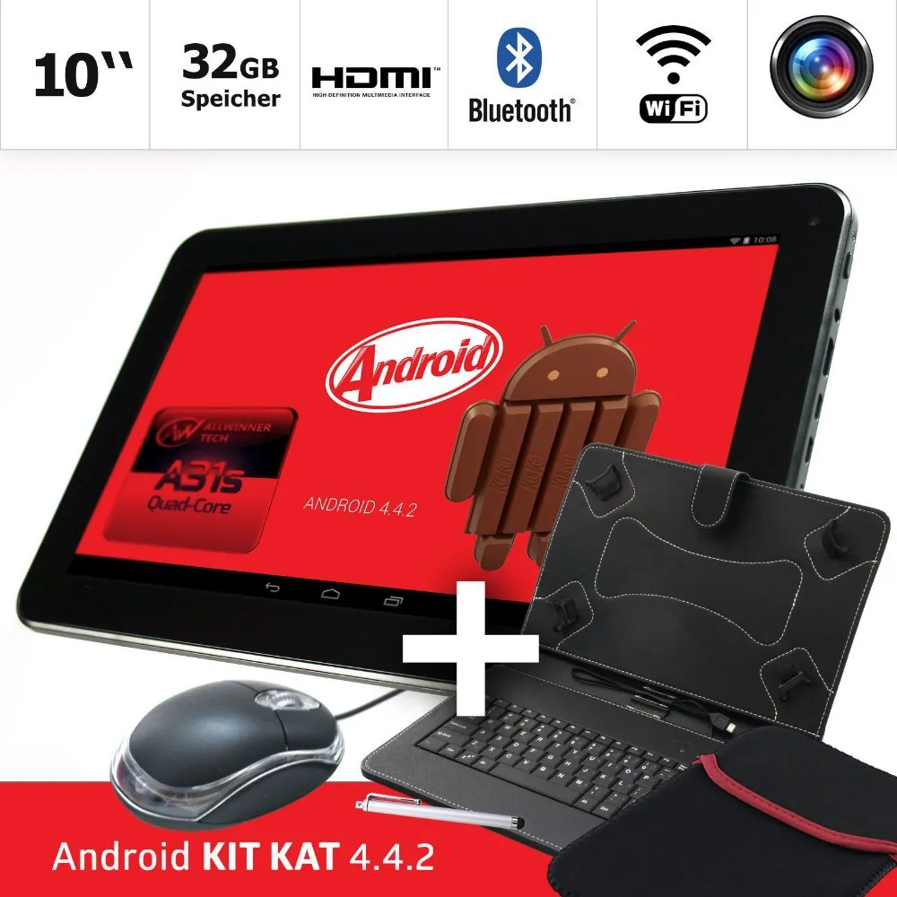 Андроид mid 10,1 дюймов цолль Планшеты ПК Android 4.4.2-32 GB 4 ядра Bluetooth-2 xMicro USB клавиатура Обложка и Мышь набор