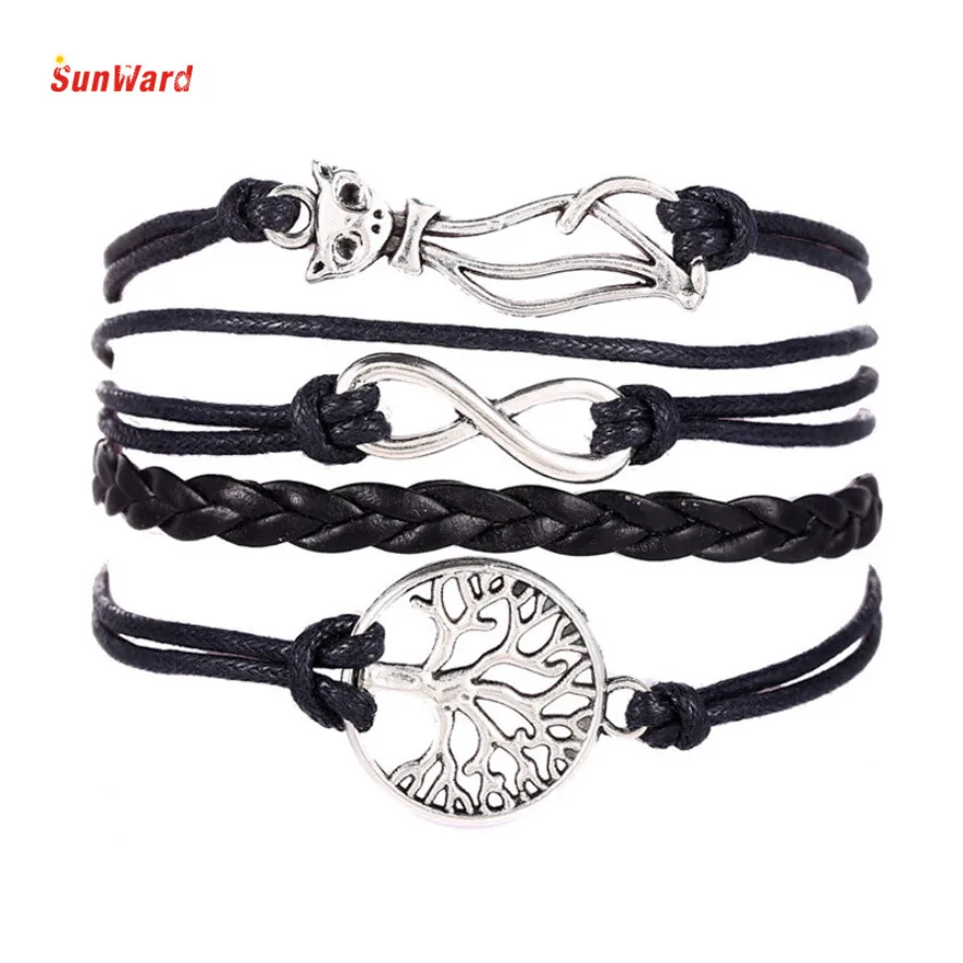 

OTOKY Charm Cat Tree 8 Shape Multilayer Knit Leather Rope Bracelet Black Punk Bracelets 17CMX3.5CM 1pc