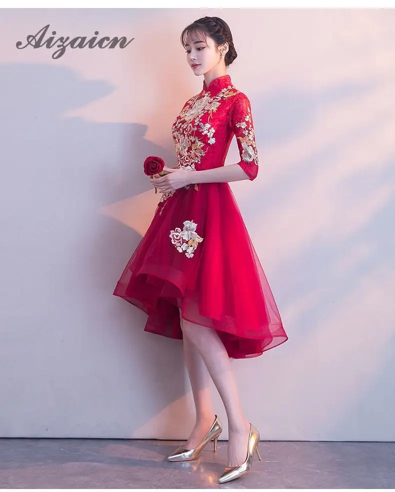 Кружевные летние Для женщин сексуальные цветы Cheongsam красный китайский Винтаж вечернее платье Китай платья невесты вина Qipao свадебное