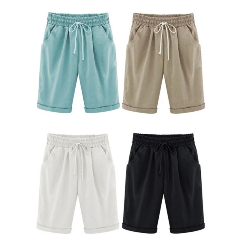 Summer Woman Cotton linen Shorts Plus size Lady Casual Short Trousers Solid Color Khaki black White Green Shorts