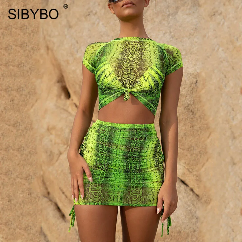 Sibybo, прозрачное, змеиная кожа, летний комплект из двух частей, платье для женщин, высокая талия, сексуальное мини-платье, Пляжное, повседневное, женское, облегающее платье