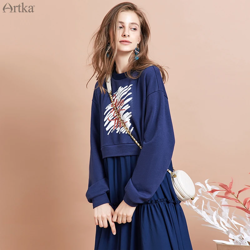 

ARTKA 2019 Autumn New Women Dress Fashion Print Chiffon Stitching Dress Fake Two-piece Casual Dresses Sweatshirt Dress ZA15093Q