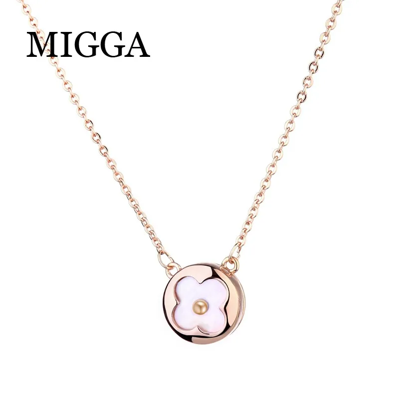 

MIGGA Exquisite Small Natural Shell Clover Necklace Chain Rose Gold Color Round Pendant Necklace for Women