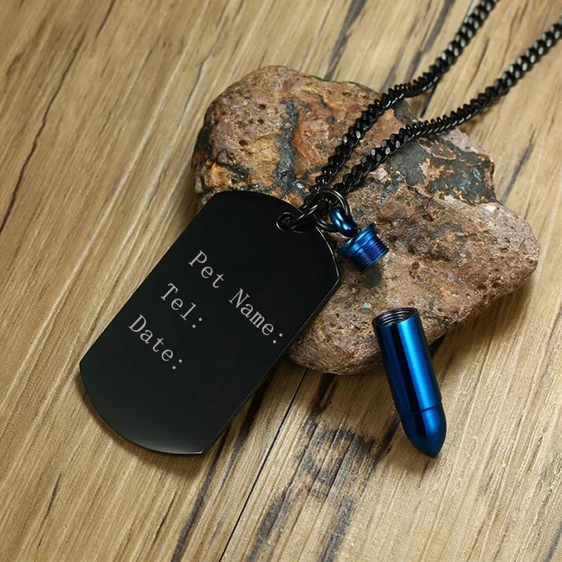 Vnox Men's Openable Blue Bullet Urn Dog Tag Pendant Necklace for Pets