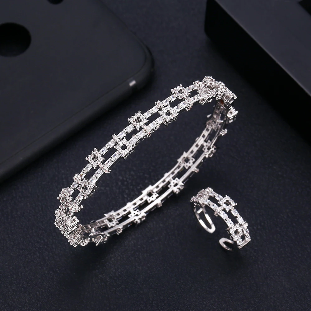 

Acckingh Trendy Bangle Ring Sets Fashion Bracelet For Women Wedding Jewelry Hollow hot PARTY Flower shining