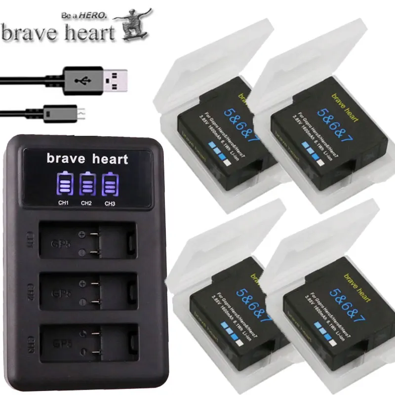 

bateria go pro hero 7 black battery hero 5 6 batterie + 3lots charger for Gopro Go pro hero5 hero6 7 black camera accessories