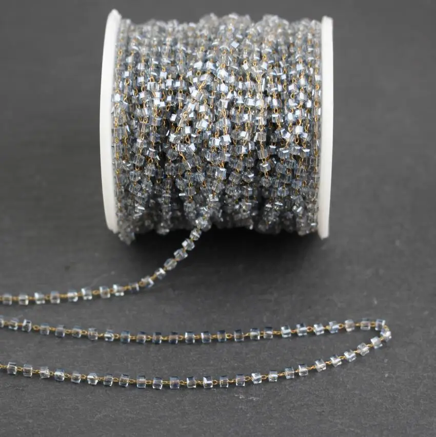 

2mm,Faceted Clear Gray Glass Cube Beads Chain,Wire Wrapped Closed Brass Links Bracelet Necklace Jewelry