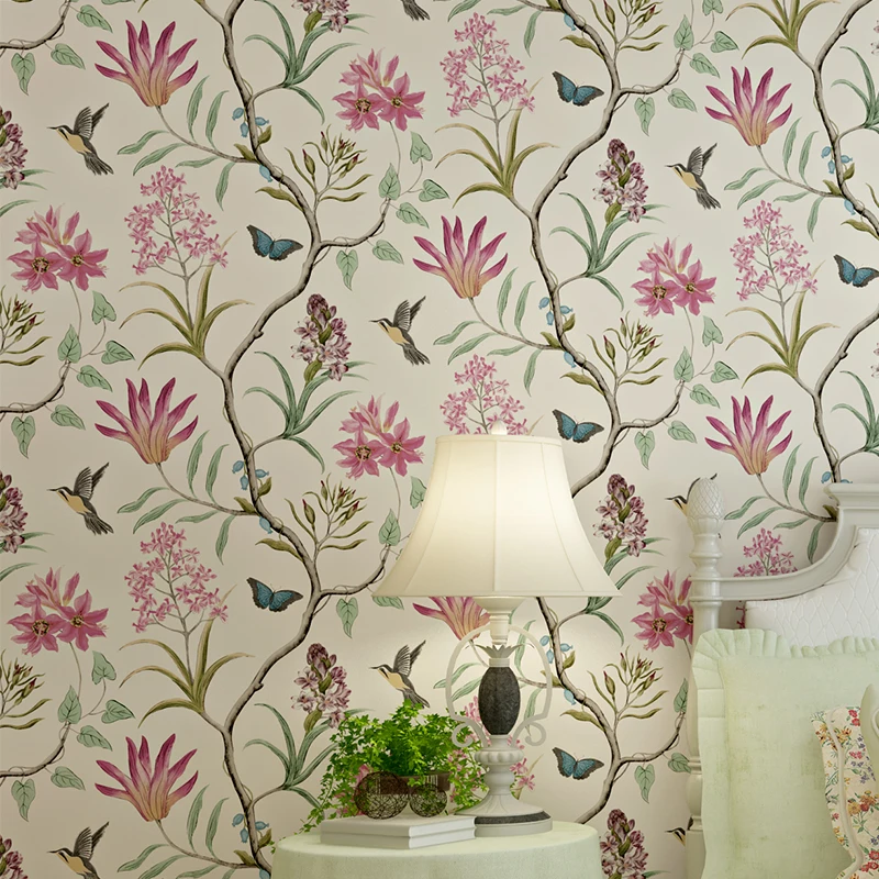 VIntage Country Birds and Flowers Elegant Wallcovering Bedding Room