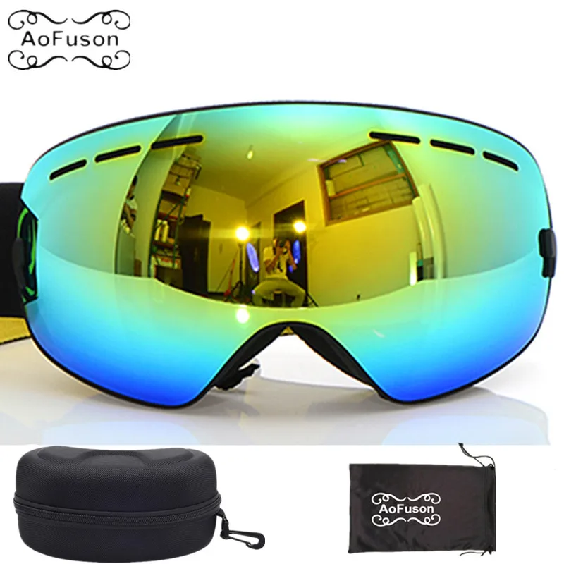 Brand ski goggles with box case double layers anti fog lens big vision